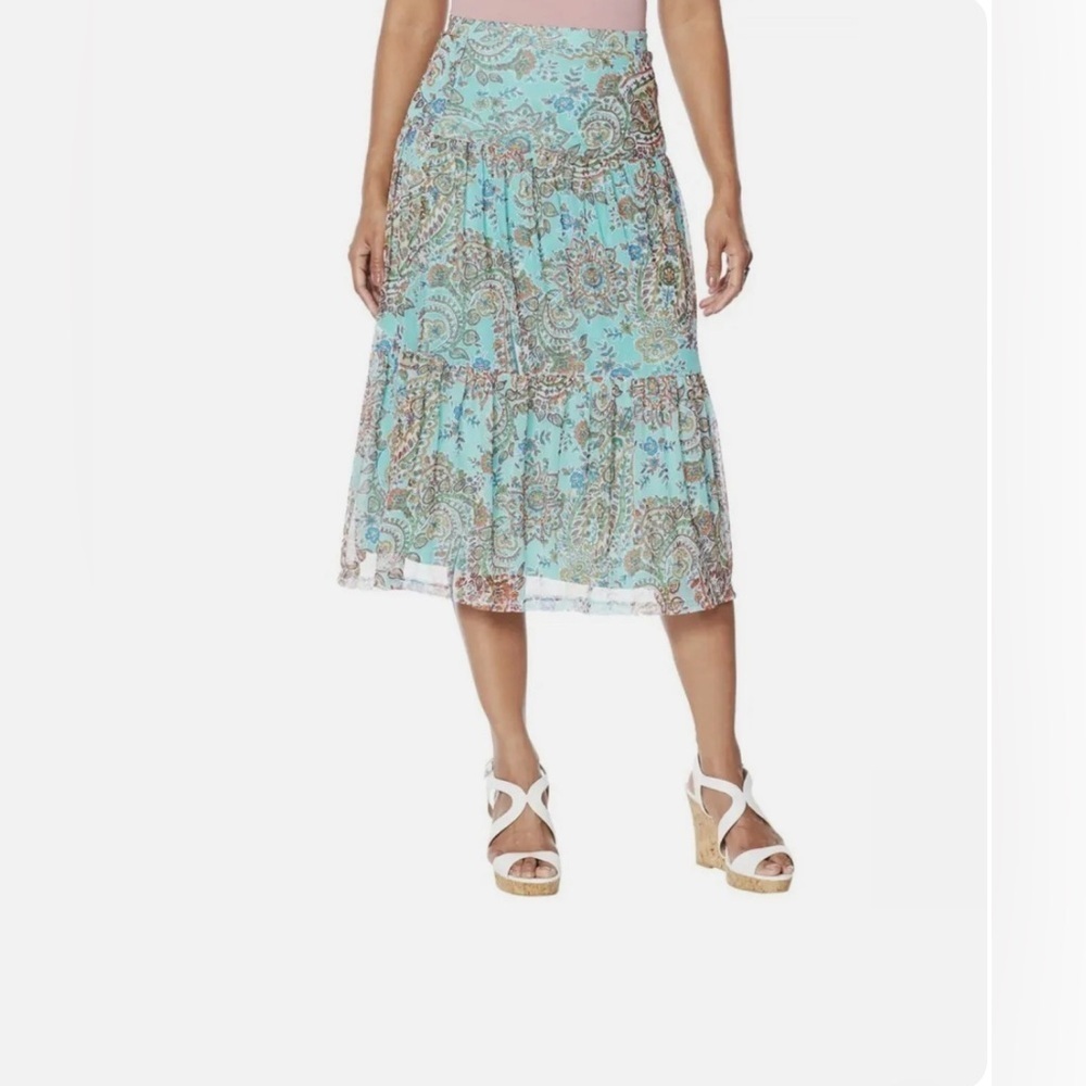 497M‎ NIB Nina Leonard Printed Power Mesh Tiered Midi Skirt - Size 2XL